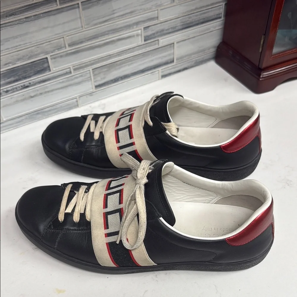 GUCCI 523469 ACE MEN'S SHOES BLACK CALF-SKIN LEATHER CASUAL SNEAKERS